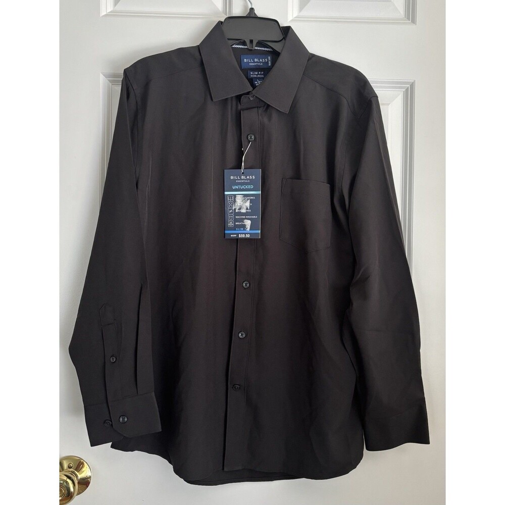 Bill Blass Essentials Men's Slim Fit Long Sleeve Button Dress Shirt Size L Black